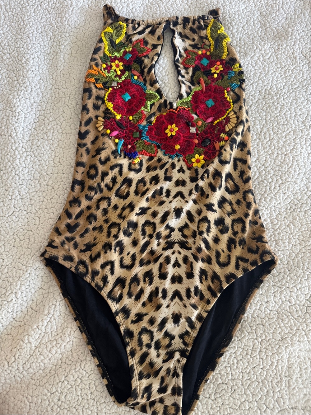 Camilla Leopard-Print One-Piece with Red & Multicolor Floral Embroidery